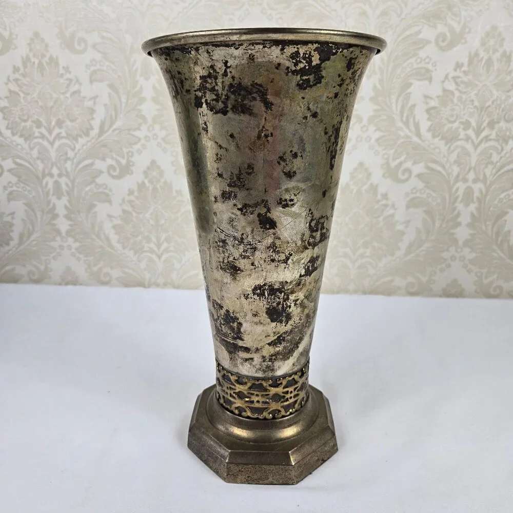 Vintage Bombay Vase Silverplate with Brass Detailing Octagon Shaped Base India